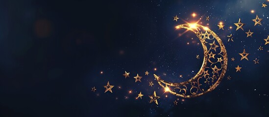 Obraz na płótnie Canvas Ramadan kareem banner background, crescent moon and stars ornament on navy background
