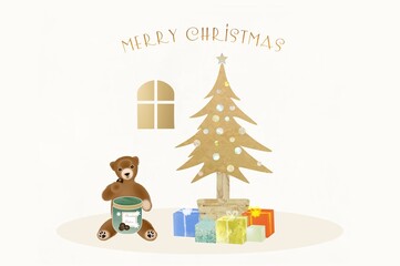 クリスマスカード　子グマとクリスマスツリー