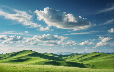 Idyllic Rolling Green Hills Under a Clear Blue Sky with Wispy Clouds. Tranquil Nature Landscape Concept