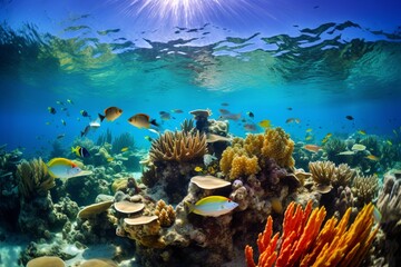 Obraz premium : A vibrant coral reef with schools of tropical fish swimming in crystal-clear turquoise waters