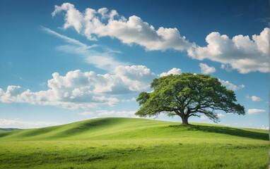 Idyllic Rolling Green Hills Under a Clear Blue Sky with Wispy Clouds. Tranquil Nature Landscape Concept