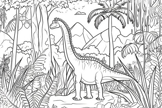 Plateosaurus Dinosaur Black White Linear Doodles Line Art Coloring Page, Kids Coloring Book