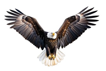 Obraz premium A bald eagle soars with spread wings on white background