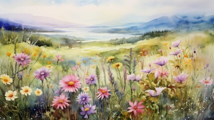 A peaceful meadow filled with colorful wildflowers. landscape watercolor Generative AI