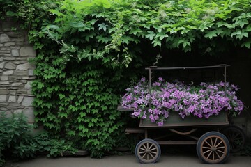 Fototapeta na wymiar cart parked next to a wall of ivy with blooming clematis inside