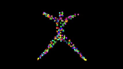 Beautiful illustration of Yoga symbol with colorful pixel particles on plain black background
