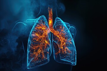 Hologram of human lungs. X ray of lungs. 3D rendering. Cancer