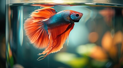 Obraz premium Close-up view inside a chic, cylindrical aquarium in a minimalist bedroom. The focus is on a colorful betta fish gracefully swimming near the surface,