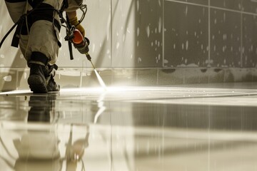 worker spraying curing agent on finished floor - obrazy, fototapety, plakaty