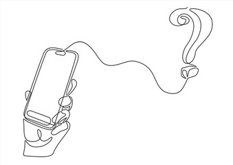 Hand holding a phone with a question mark. Ask for help, question, support, digital helper concept.  One Line Drawing.