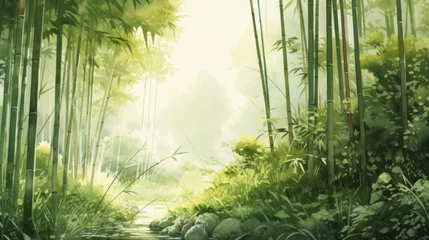 Zelfklevend Fotobehang A serene bamboo forest with tall stalks and filtered sunlight. landscape watercolor Generative AI © vadosloginov