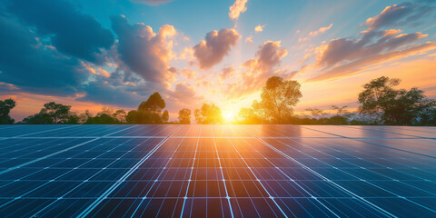Clean Energy Transition: Solar Panels with Dramatic Sunset and Clouds - obrazy, fototapety, plakaty