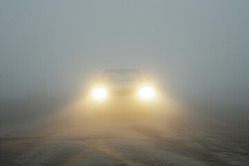 Fototapeta na wymiar cars headlights shining towards camera in thick daytime fog