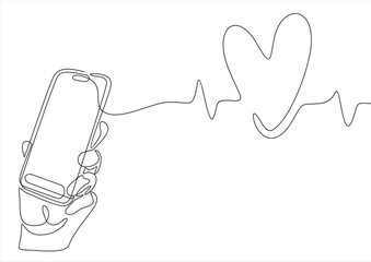 Holding a smartphone with heart coming out. One Line Drawing.