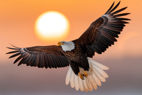 Bald Eagle Flying Against the Backdrop of a Beautiful Sunrise. The Tranquility of the Morning and the Graceful Flight of the Eagle Harmonize Splendidly.