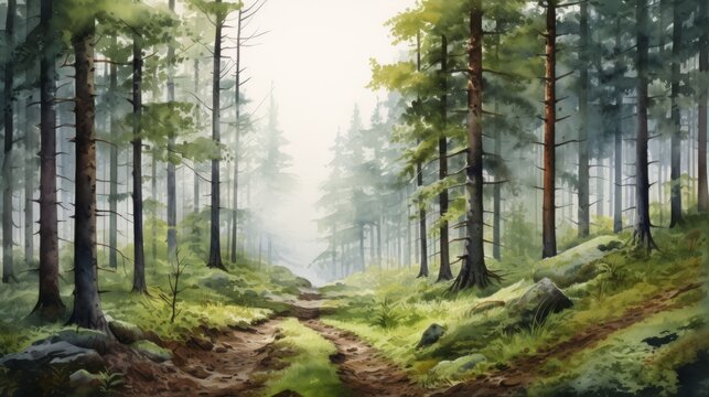 A serene, mist-covered forest with tall trees and a hidden path. landscape watercolor Generative AI