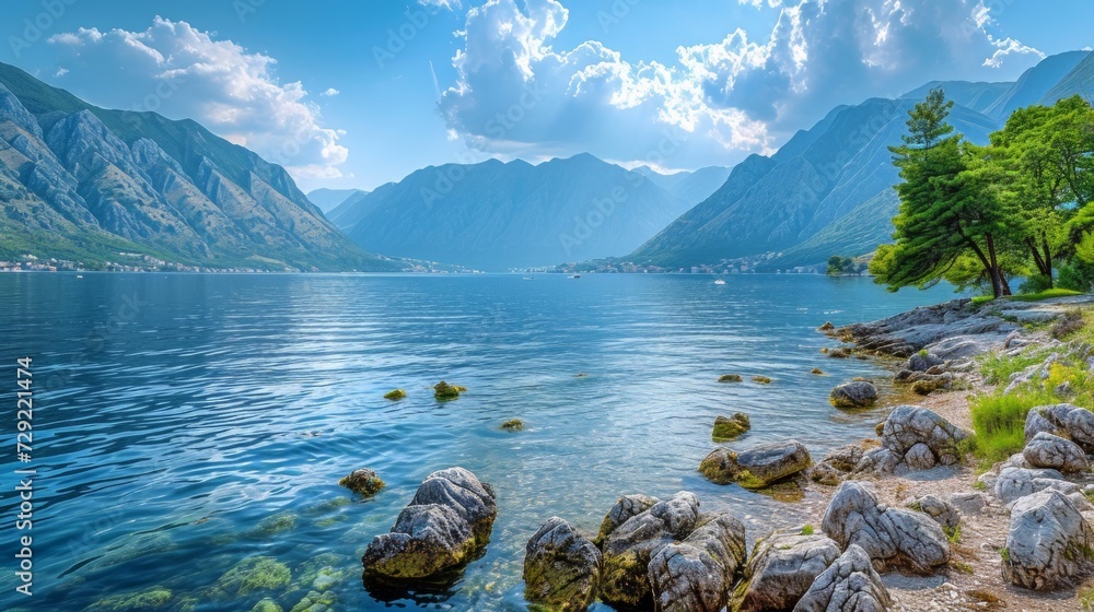 Aufkleber a serene scene of the bay of kotor under a partly cloudy sky, the sun casting dappled light on the w