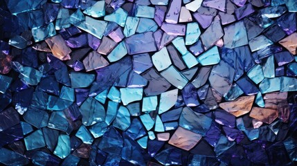 Abstract Mosaic of Iridescent Glass Pieces in Various Shades of Blue and Purple. Background, wallpaper.