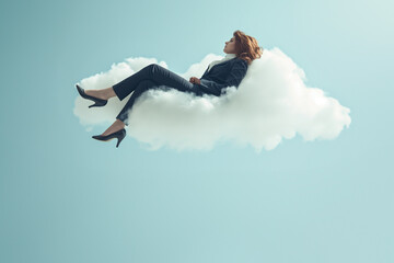 An executive working woman rests on a cloud after a hard day at work