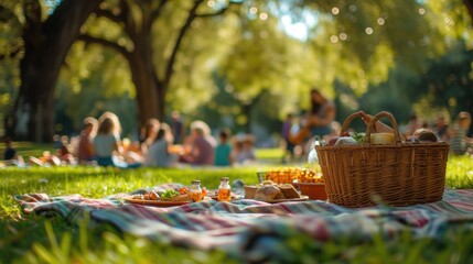 A close-up of a basket brimming with delicious picnic fare. In the softly blurred background, a family with children plays joyfully on a sunlit lawn. - obrazy, fototapety, plakaty