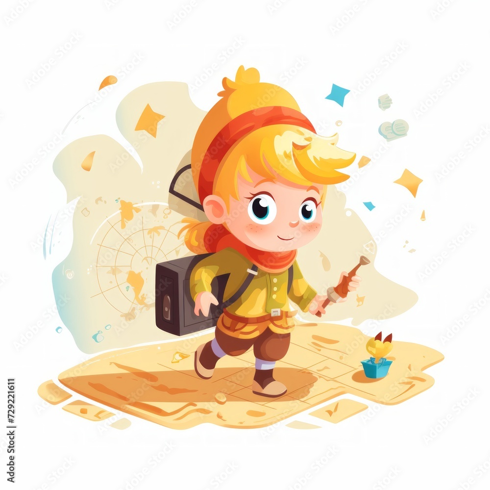Aufkleber a small fairy tale adventurer with a map and compass, on a quest for treasures. generative ai