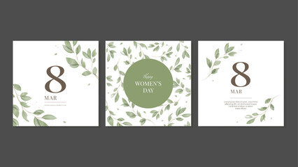 Happy Women's Day, March 8 Greeting Cards with Watercolor Botanical Leaves. Vector Square Templates for Social Media