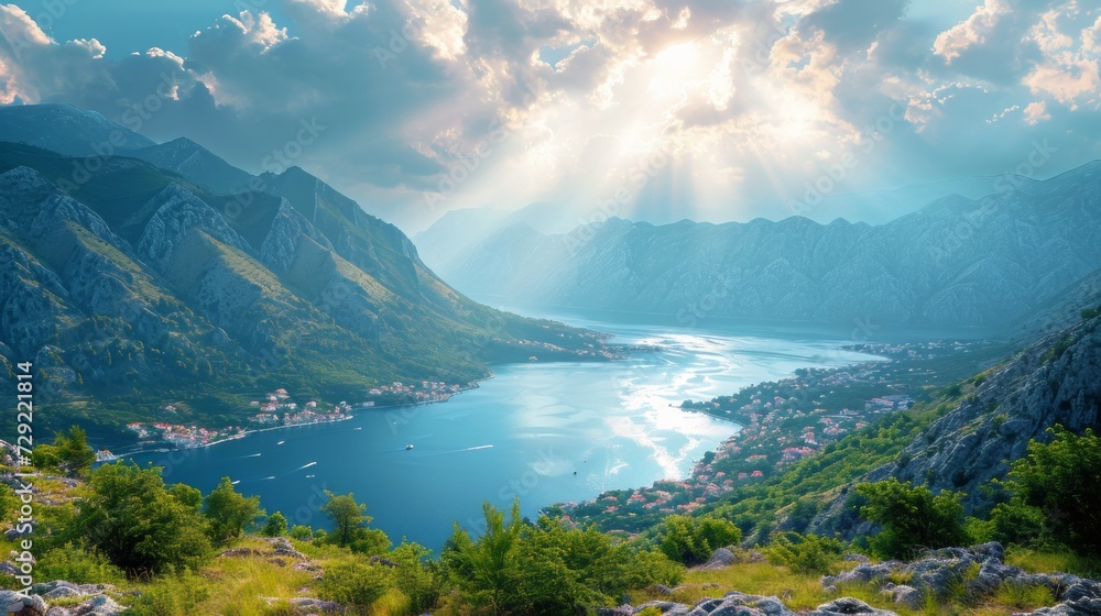 Poster a stunning view of the bay of kotor in the afternoon, sunlight breaking through the clouds, generati