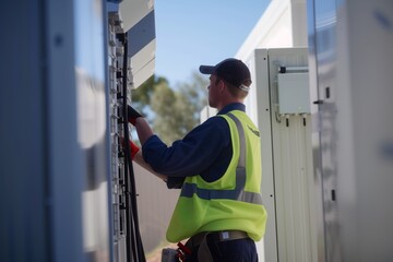 worker in a vest servicing outdoor home battery storage facility