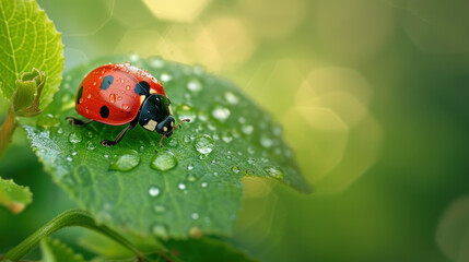 Fototapeta premium Ladybug Resting on Green Leaf in the Rain