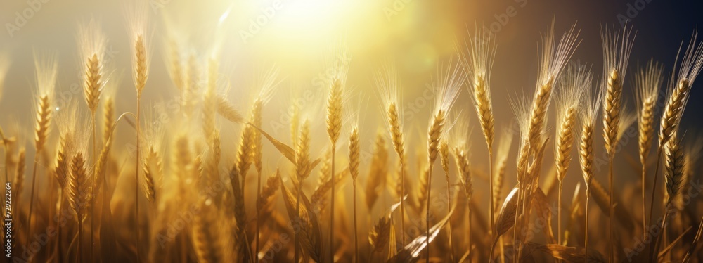 Poster sequence showing the growth journey of wheat, from seed sowing to the development of golden wheat heads in a sunlit field. Generative AI