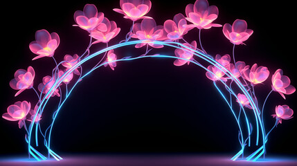 Neon Arch Adorned With Neon Pink Flowers on Black Background. Copy space.