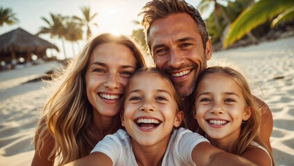 A happy family of four enjoys a sunny beach day, taking a close-up selfie with palm trees in the background and radiant smiles.