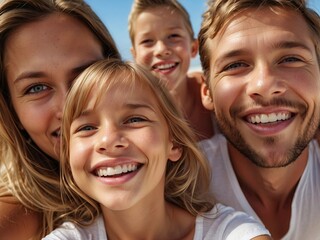 Fototapeta premium A close-knit family captures a sunny beach moment with a selfie, featuring two adults and two kids with beaming smiles and a clear blue sky in the background.