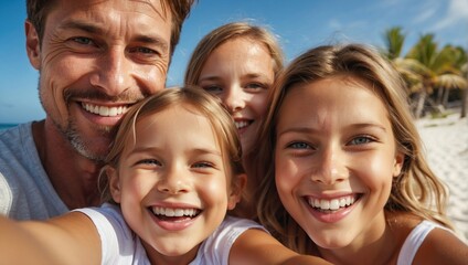 A radiant family enjoys a beach day, capturing a selfie with the sea behind them, showcasing joyful expressions and a clear blue sky.