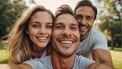 A playful family selfie in a park, showing off wide smiles, surrounded by lush greenery in soft daylight.