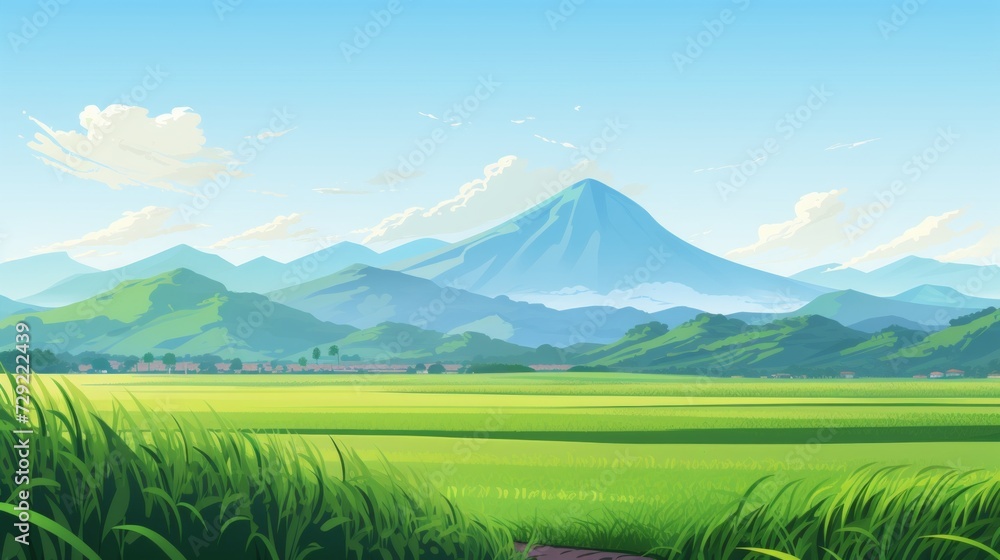 Poster a tranquil rice paddy field with mountains in the distance. vector cartoon graphic generative ai
