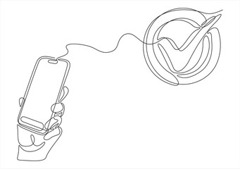holding cellphone with checkmark. Success, business agreement, ok sign, approval concept.Continuous one line. 