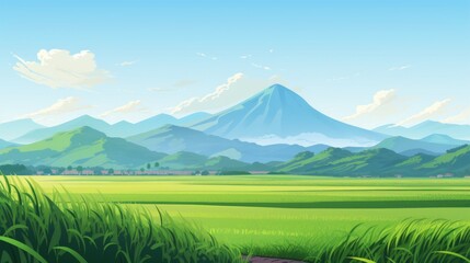 Fototapeta premium A tranquil rice paddy field with mountains in the distance. vector cartoon graphic Generative AI