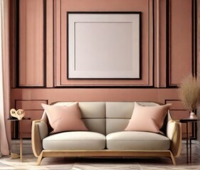 Modern Sofa Setting Blank Picture Frame Beige Color 3D Rendering Home Decor Showcase Living Room with Sofa and Beige Frame Illustration

