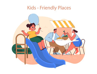 Kids-Friendly Places concept. A vibrant illustration showing a joyful family dining experience at a restaurant with a playground for children.