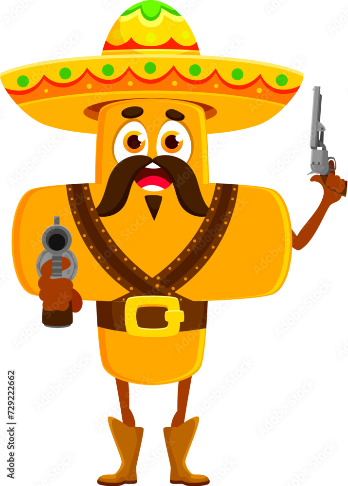 Poster cartoon cowboy and robber math plus sign character armed with guns and wearing a sombrero. isolated 