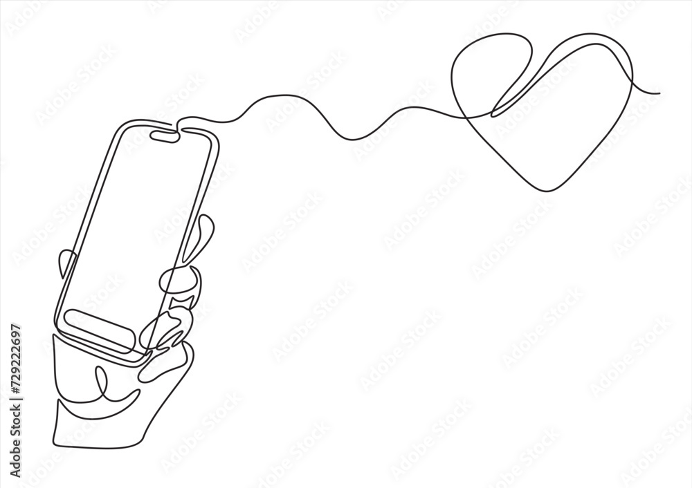 Poster online feedback and rating line icon. mobile phone with hand and heart vector outline sign.continuou