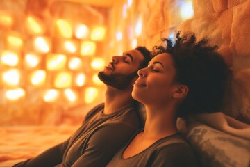 couple in a salt therapy room breathing deeply - obrazy, fototapety, plakaty