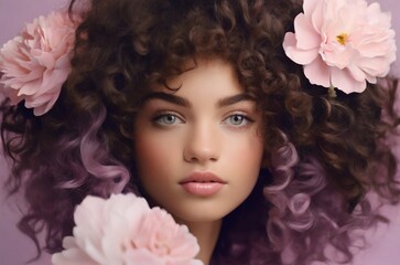 Young beautiful curly haired model with flowers in hairs isolated on studio violet background....