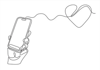 Online feedback and Rating line icon. Mobile phone with hand and heart vector outline sign.Continuous one line. Single one line drawing hand holding smartphone. Social media concept.