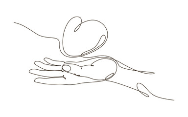 Continuous one line human arm holding heart symbol drawing. Charity donation concept in simple linear doodle style. Vector illustration with editable stroke.