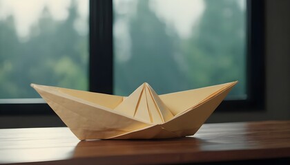 Paper boat origami on a wooden shelf in front of a window, view on the forest 