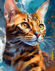 cat in airbrush painting, Colorful, bengal cat, stripes