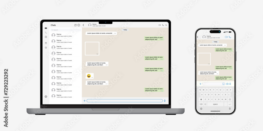Fototapete vector notebook computer and smartphone with messenger application on the screen. messenger conversa