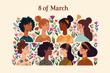 A heartwarming illustration for International Women's Day with diverse women surrounded by lush floral designs, evoking a spirit of togetherness and celebration.